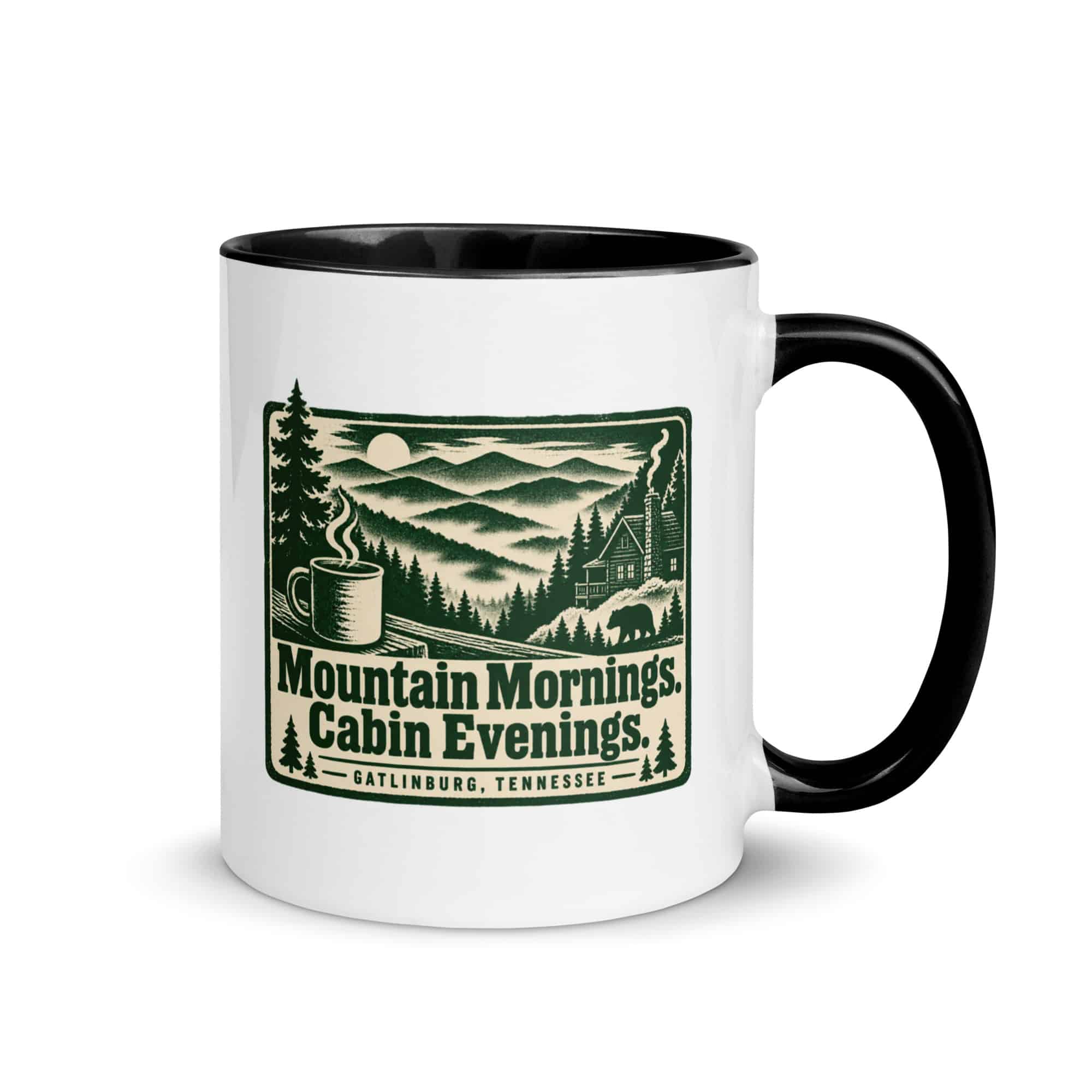 Gatlinburg and the Smokies Color Inside Coffee Mug: Mountain Mornings. Cabin Evenings, Forest Ink Stamp