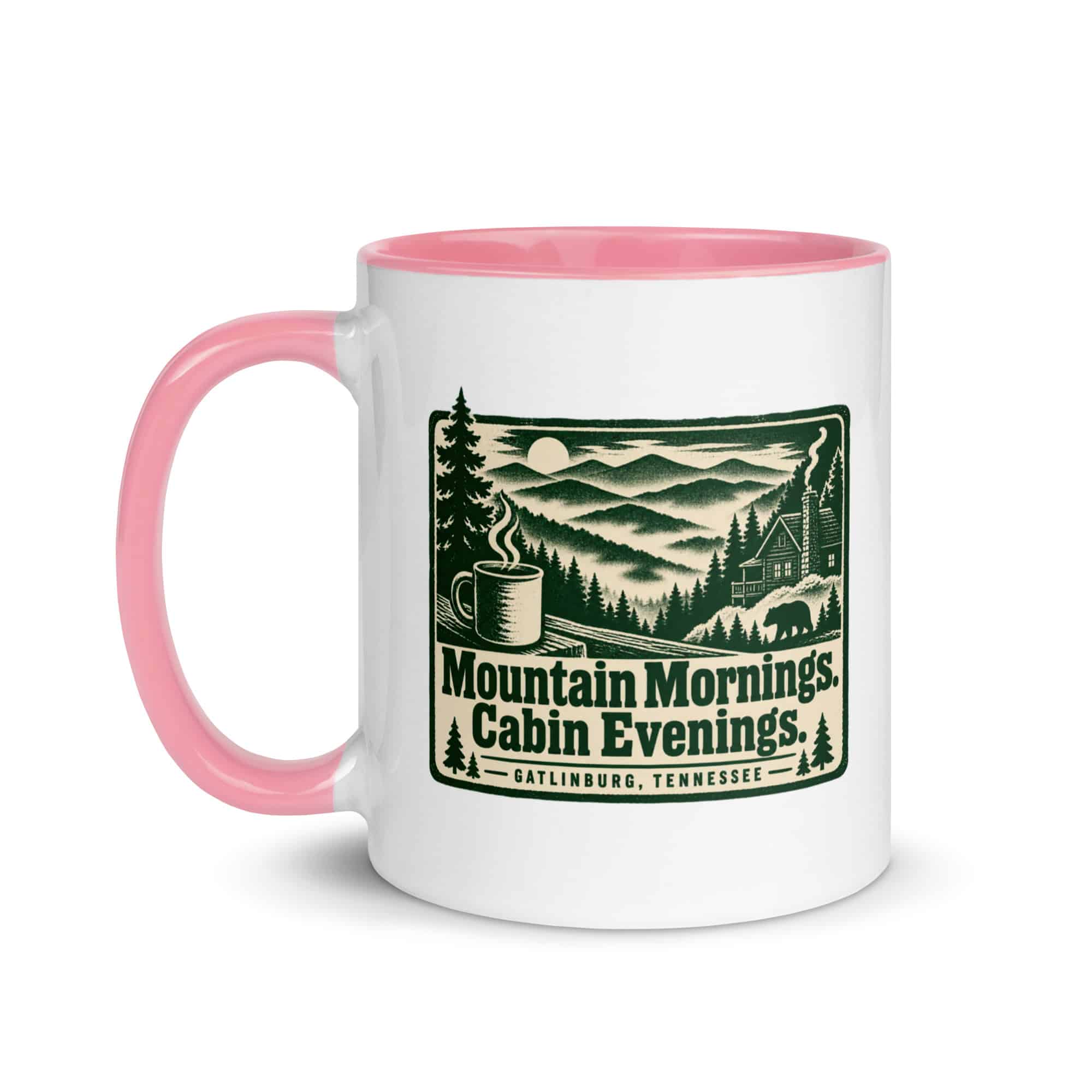 Gatlinburg and the Smokies Color Inside Coffee Mug: Mountain Mornings. Cabin Evenings, Forest Ink Stamp