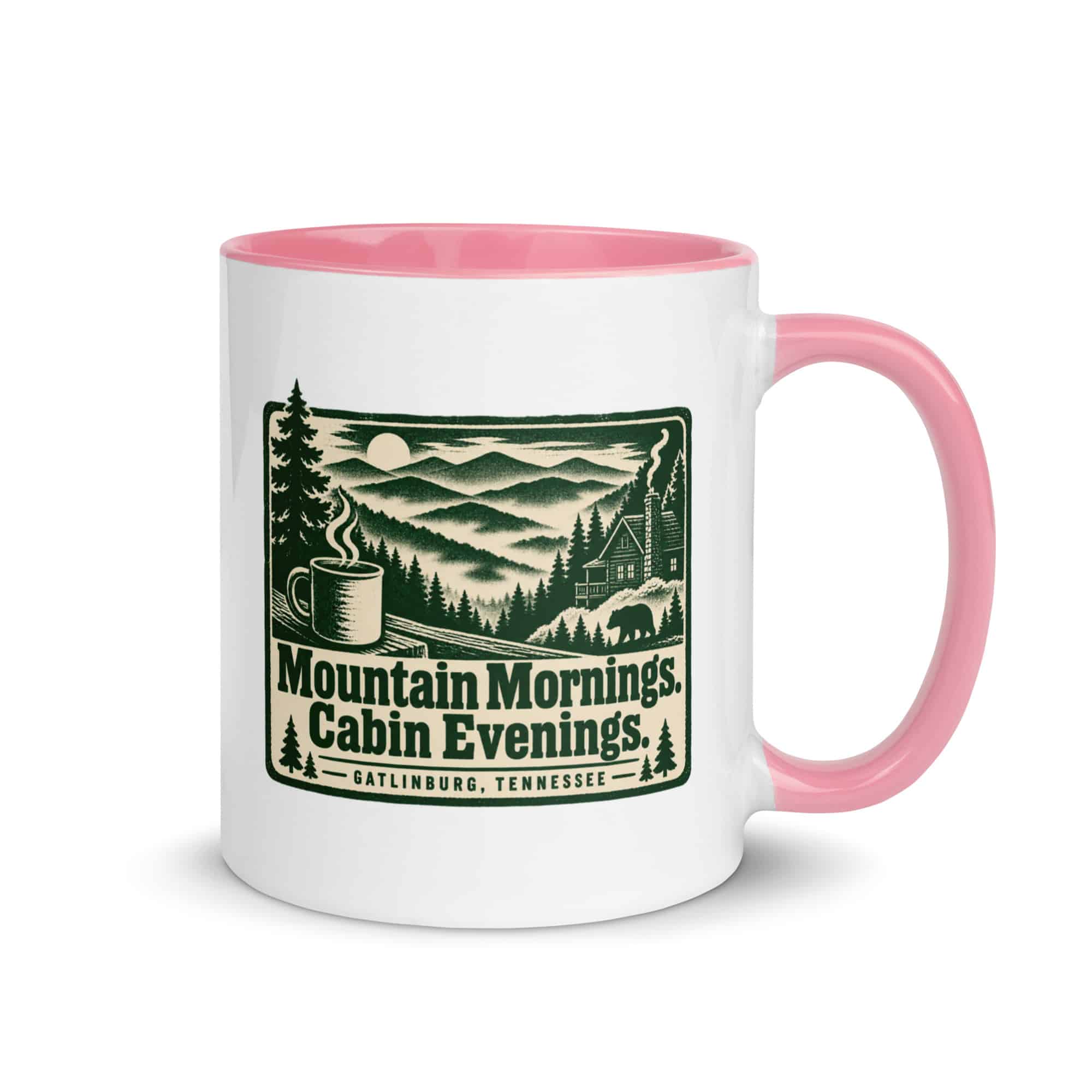 Gatlinburg and the Smokies Color Inside Coffee Mug: Mountain Mornings. Cabin Evenings, Forest Ink Stamp