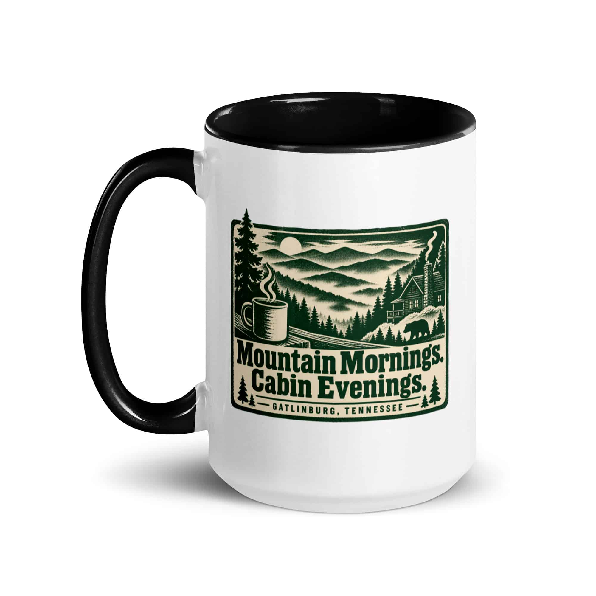 Gatlinburg and the Smokies Color Inside Coffee Mug: Mountain Mornings. Cabin Evenings, Forest Ink Stamp