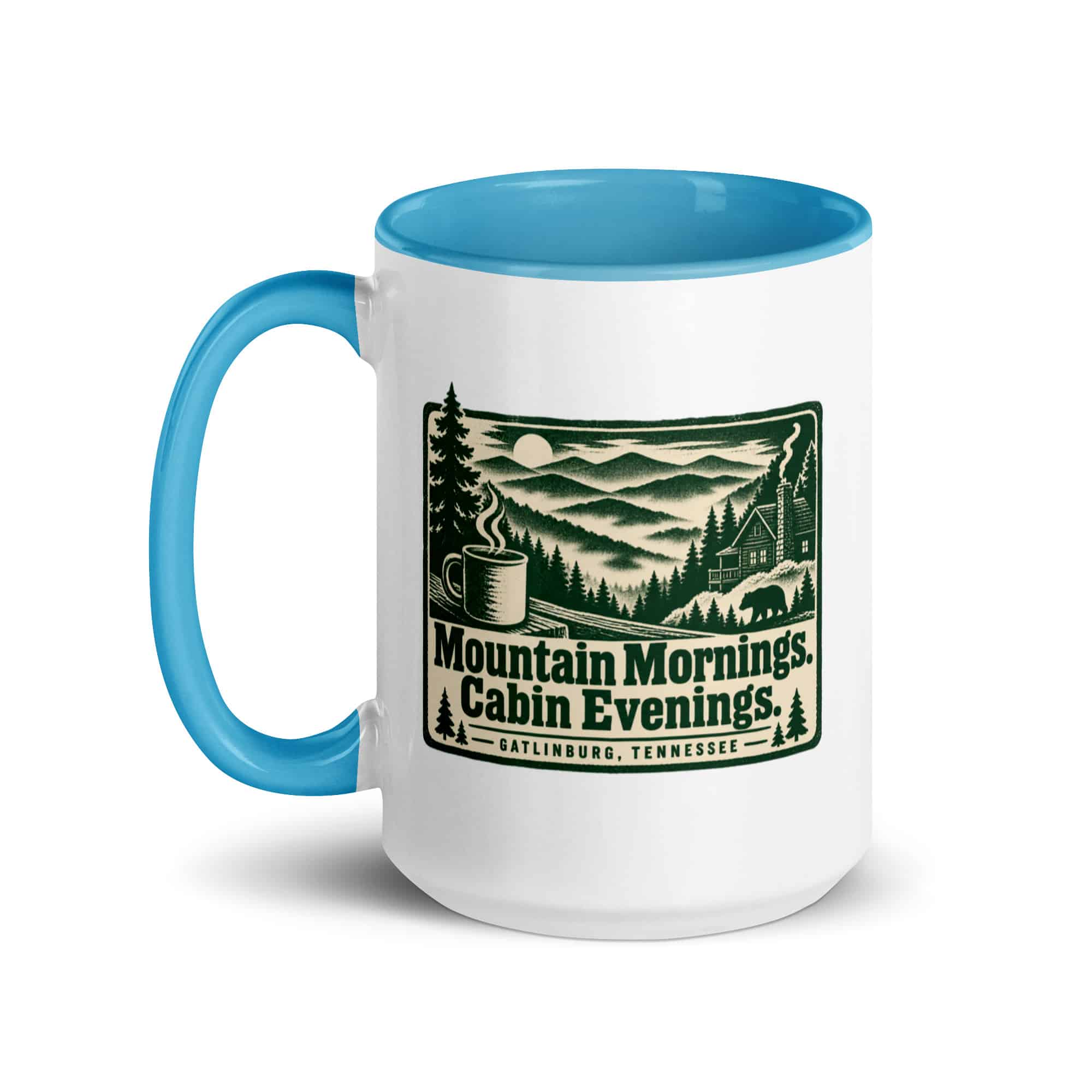 Gatlinburg and the Smokies Color Inside Coffee Mug: Mountain Mornings. Cabin Evenings, Forest Ink Stamp