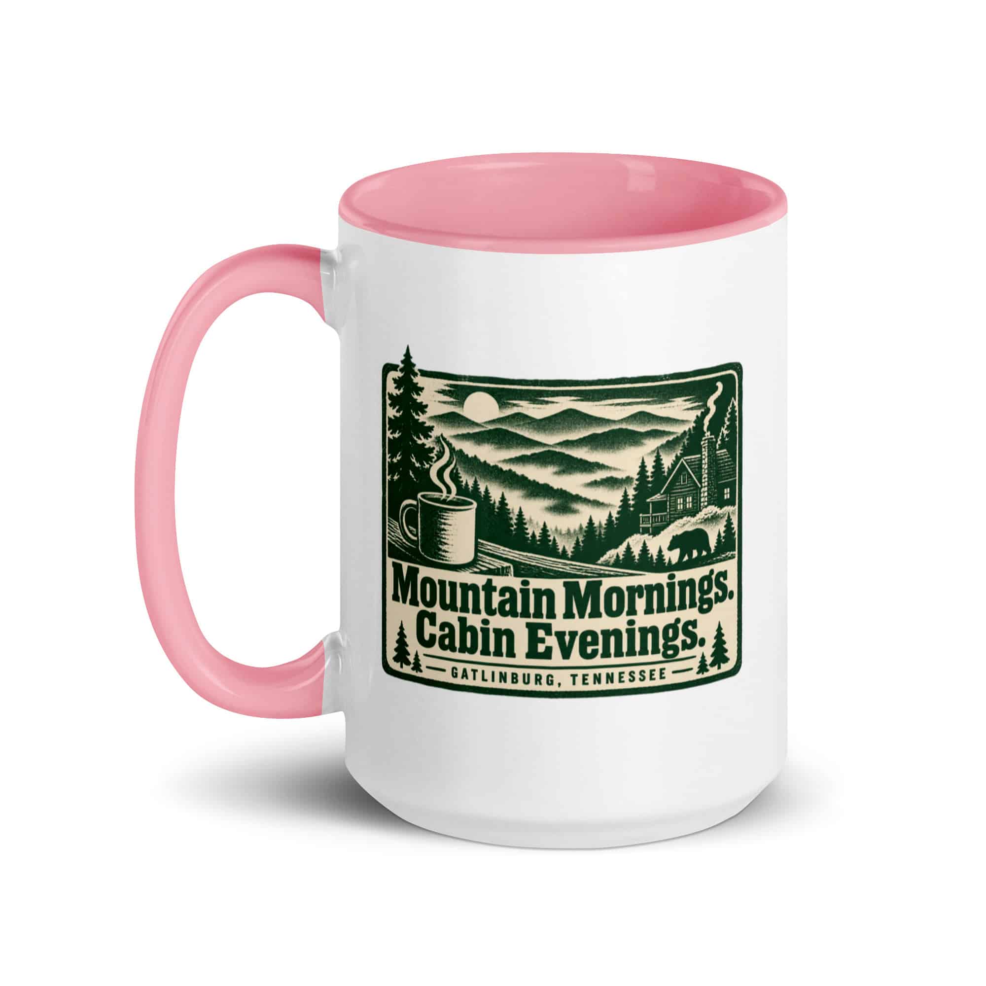 Gatlinburg and the Smokies Color Inside Coffee Mug: Mountain Mornings. Cabin Evenings, Forest Ink Stamp