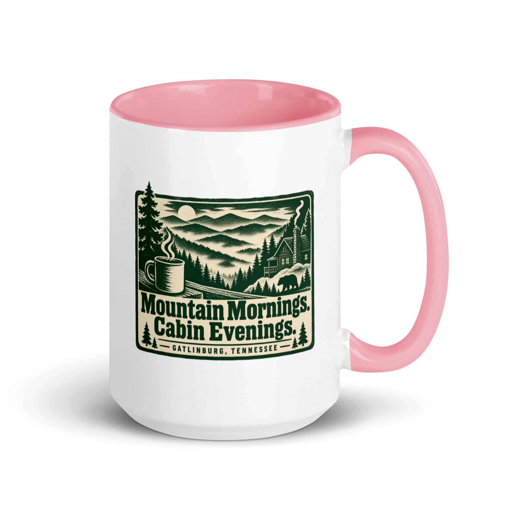 Gatlinburg and the Smokies Color Inside Coffee Mug: Mountain Mornings. Cabin Evenings, Forest Ink Stamp