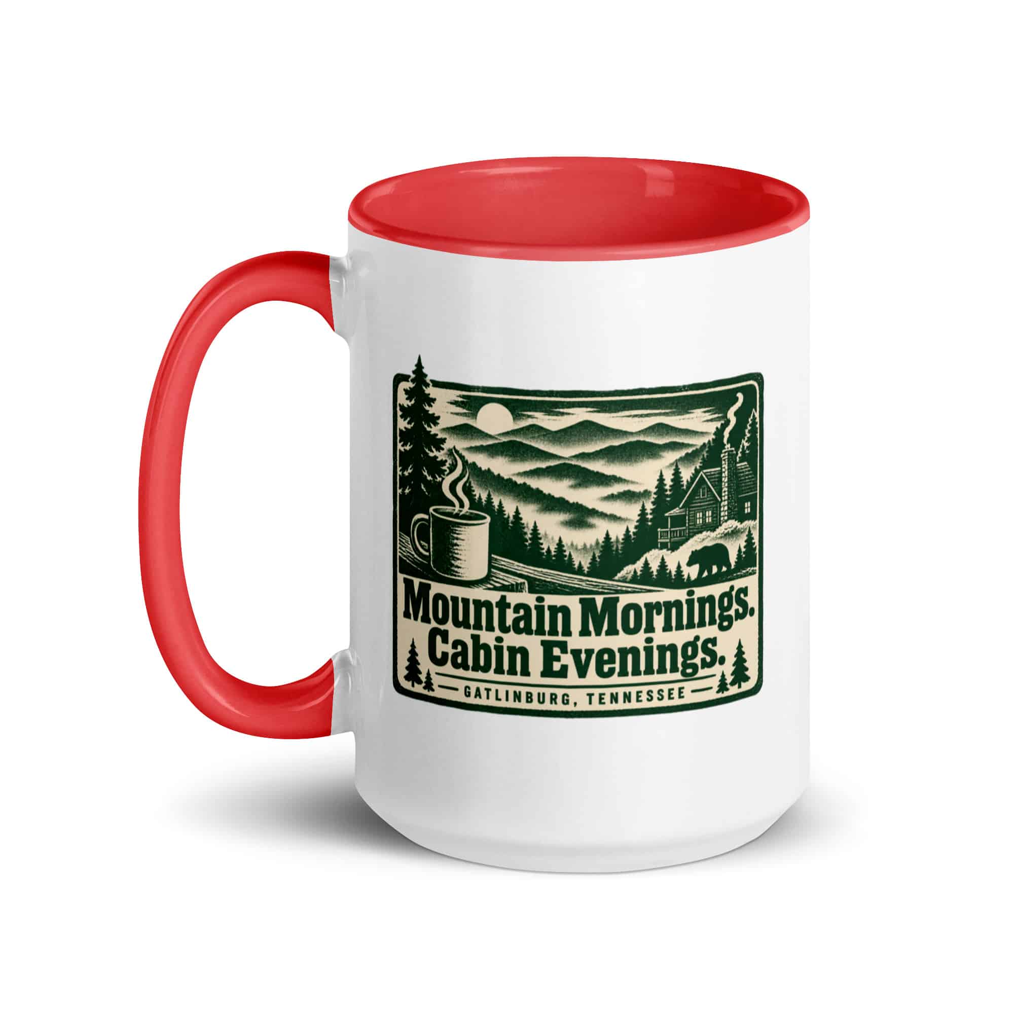 Gatlinburg and the Smokies Color Inside Coffee Mug: Mountain Mornings. Cabin Evenings, Forest Ink Stamp