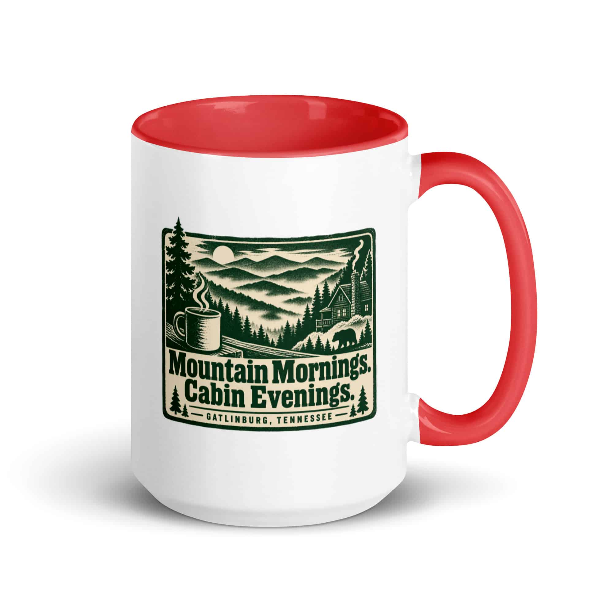 Gatlinburg and the Smokies Color Inside Coffee Mug: Mountain Mornings. Cabin Evenings, Forest Ink Stamp