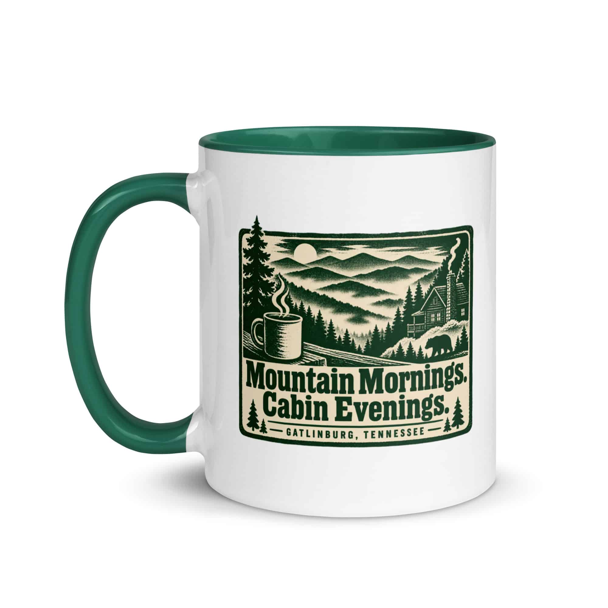 Gatlinburg and the Smokies Color Inside Coffee Mug: Mountain Mornings. Cabin Evenings, Forest Ink Stamp