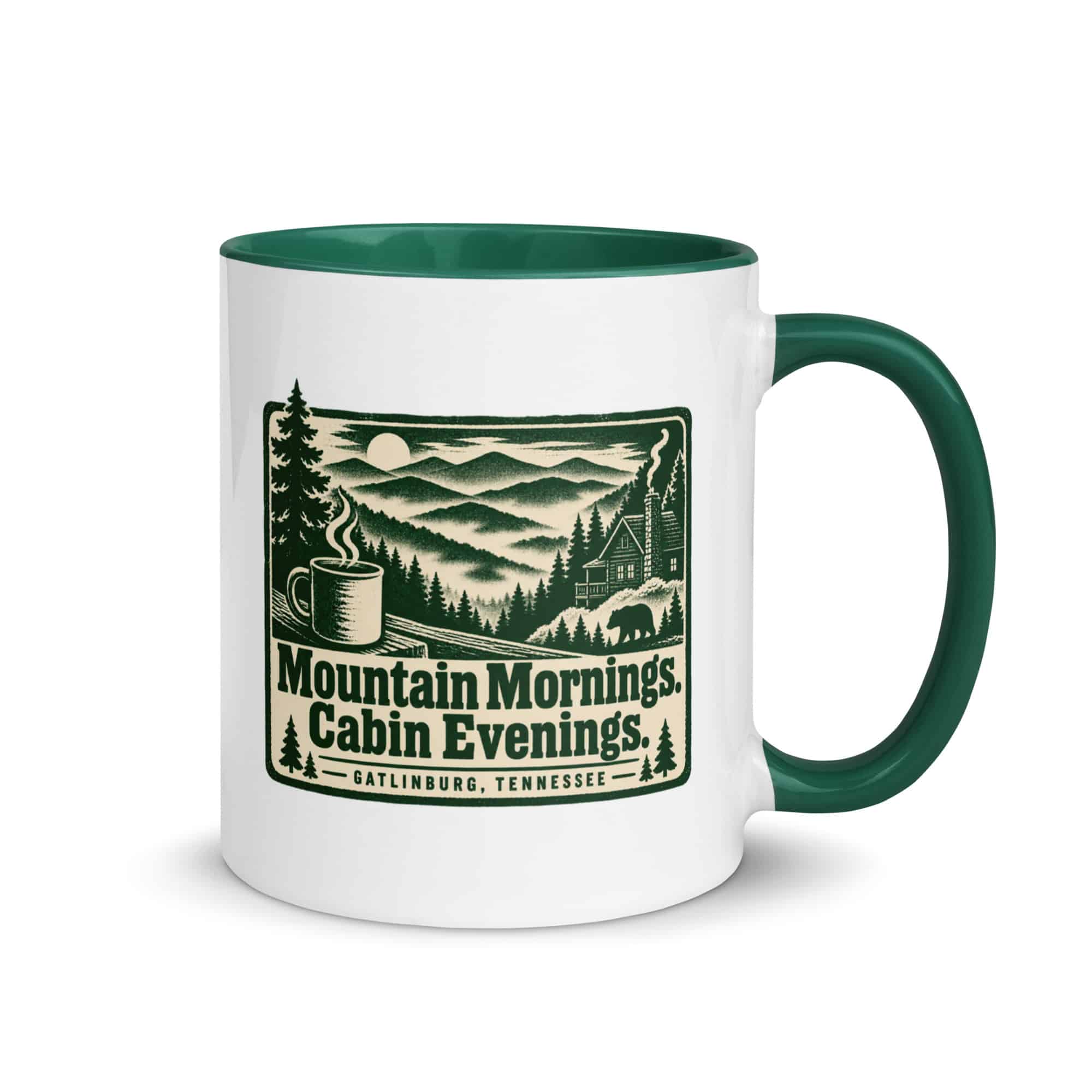 Gatlinburg and the Smokies Color Inside Coffee Mug: Mountain Mornings. Cabin Evenings, Forest Ink Stamp