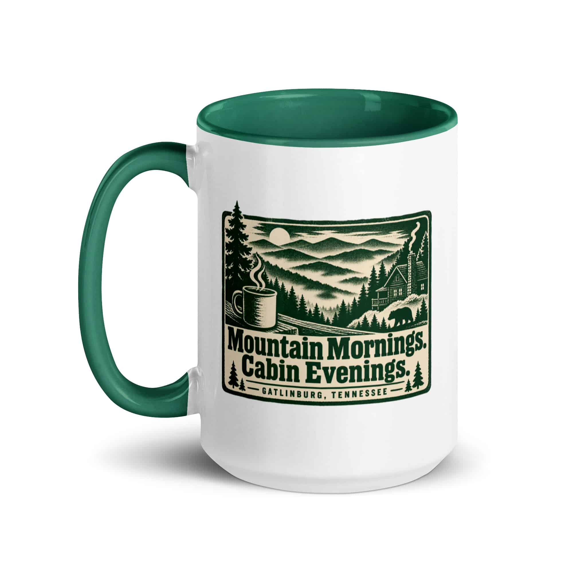 Gatlinburg and the Smokies Color Inside Coffee Mug: Mountain Mornings. Cabin Evenings, Forest Ink Stamp