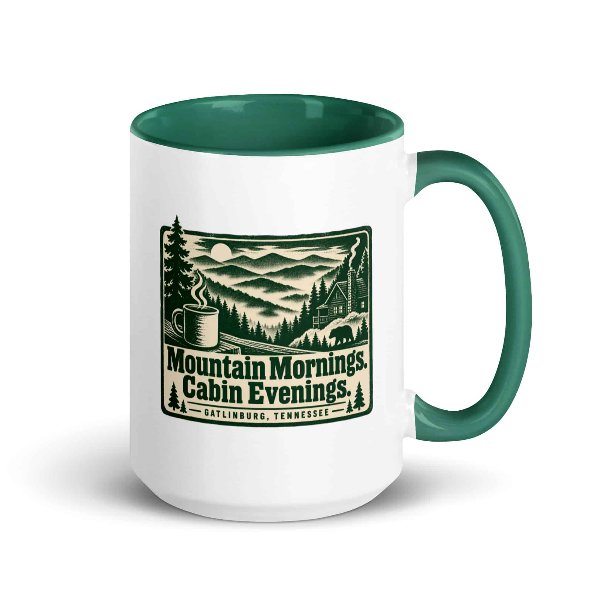 Gatlinburg and the Smokies Color Inside Coffee Mug: Mountain Mornings. Cabin Evenings, Forest Ink Stamp