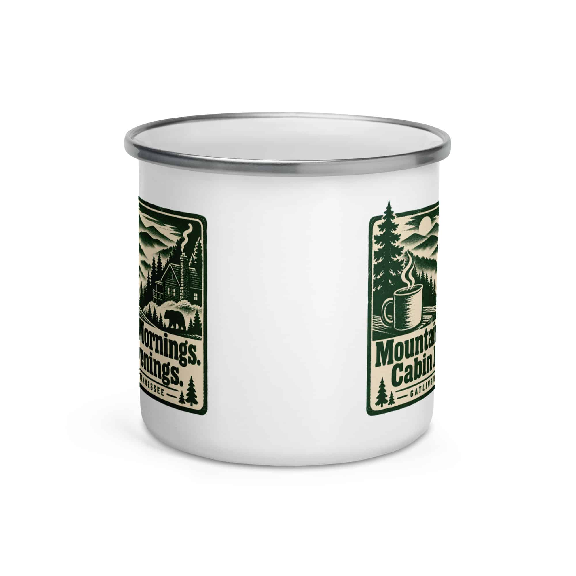 Gatlinburg and the Smokies Enamel Camp Mug: Mountain Mornings. Cabin Evenings, Forest Ink Stamp