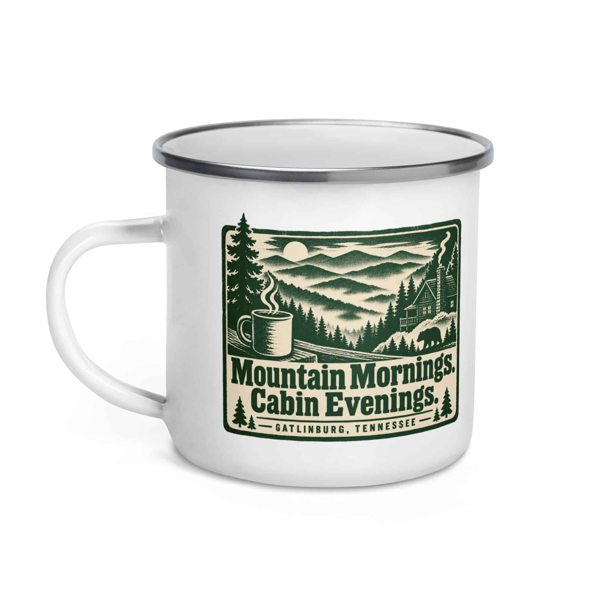 Gatlinburg and the Smokies Enamel Camp Mug: Mountain Mornings. Cabin Evenings, Forest Ink Stamp