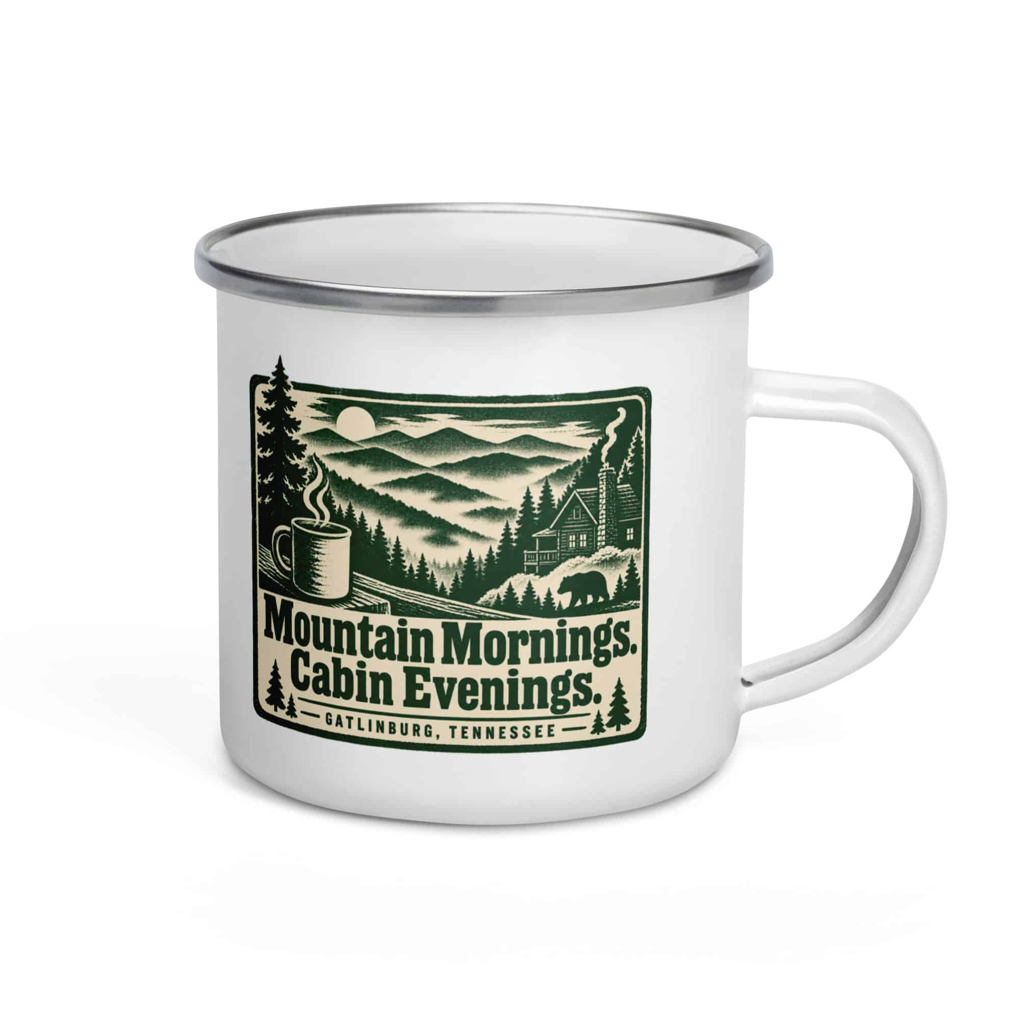 Gatlinburg and the Smokies Enamel Camp Mug: Mountain Mornings. Cabin Evenings, Forest Ink Stamp
