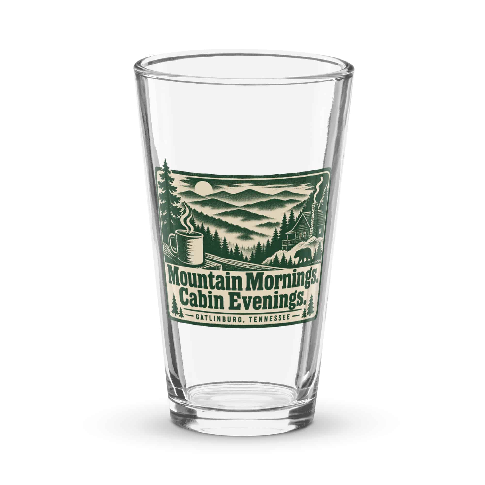 Gatlinburg and the Smokies Pint Glass: Mountain Mornings. Cabin Evenings, Forest Ink Stamp