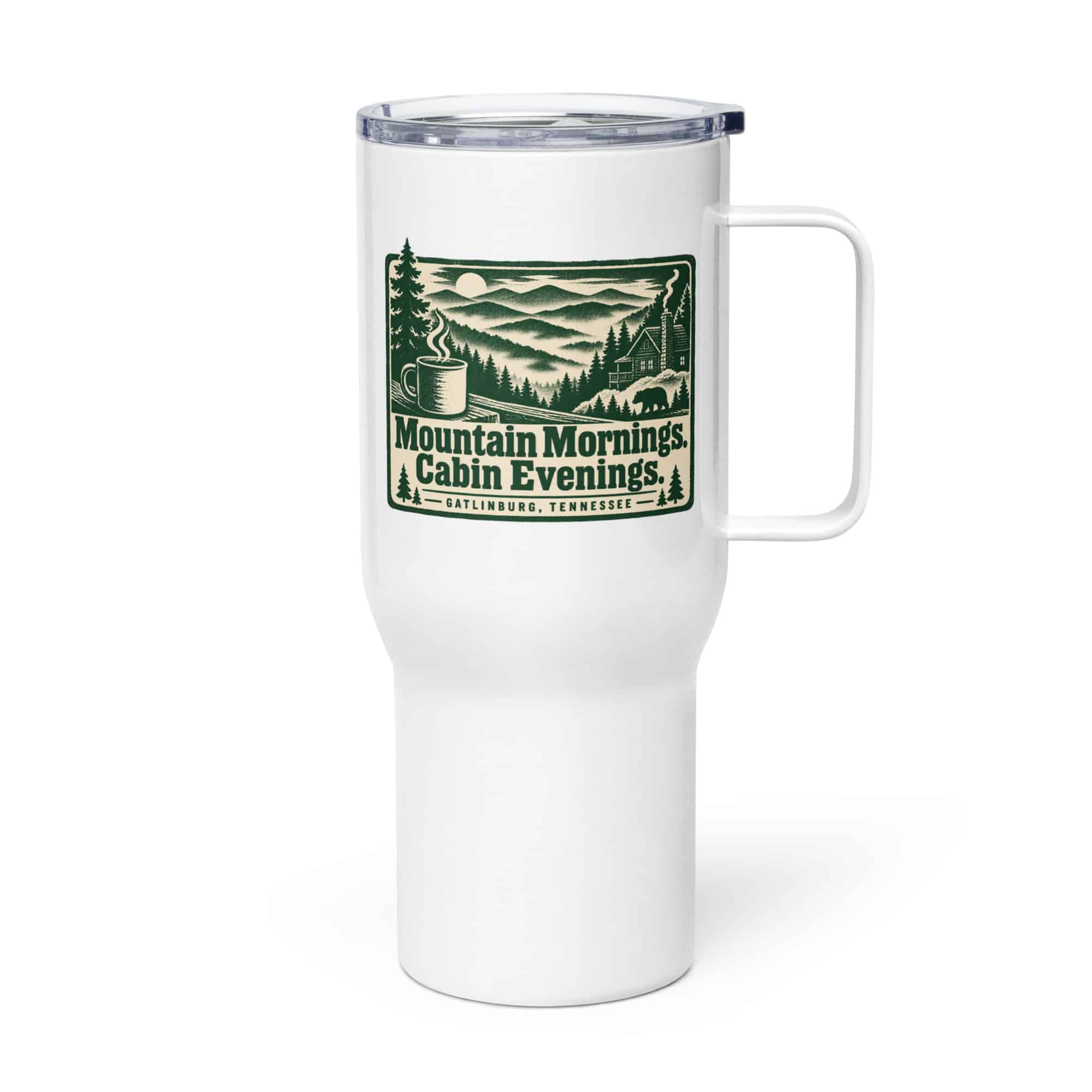 Gatlinburg and the Smokies Travel Mug: Mountain Mornings. Cabin Evenings, Forest Ink Stamp