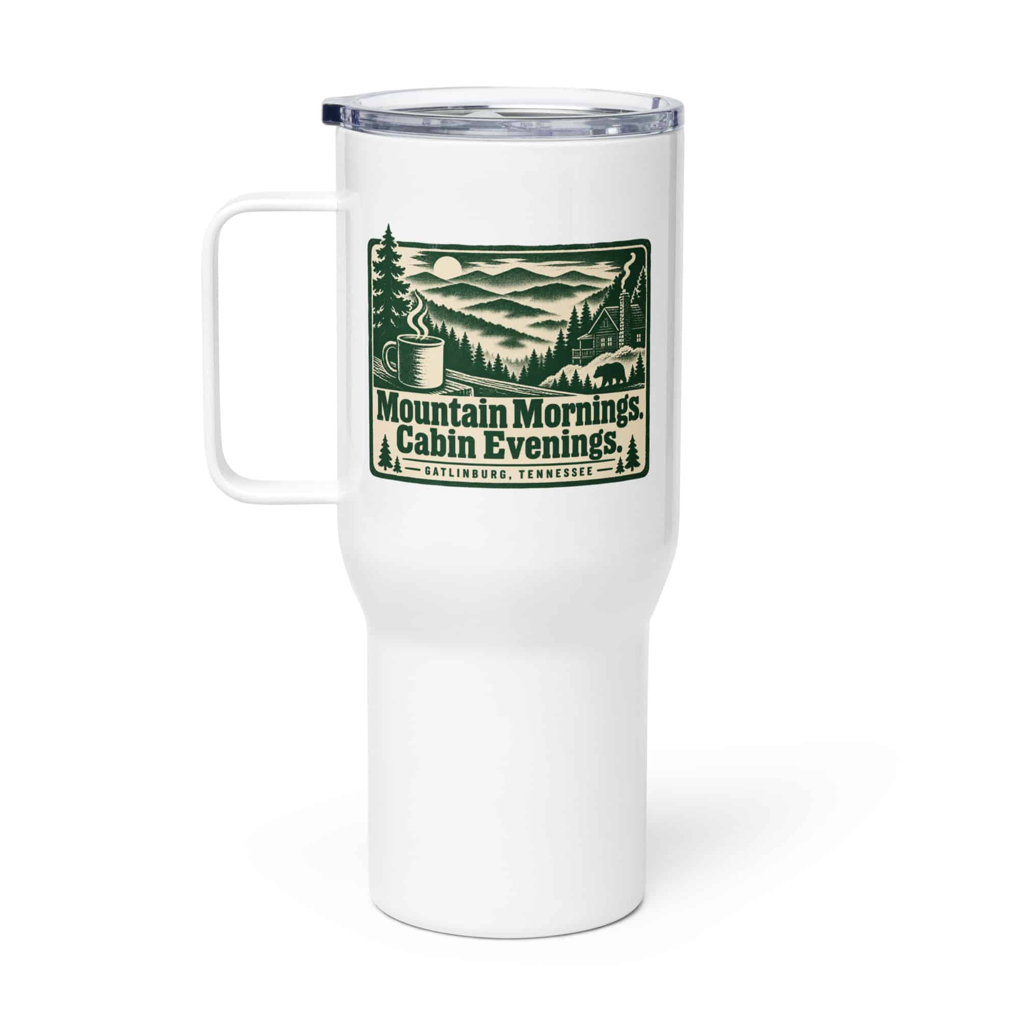 Gatlinburg and the Smokies Travel Mug: Mountain Mornings. Cabin Evenings, Forest Ink Stamp