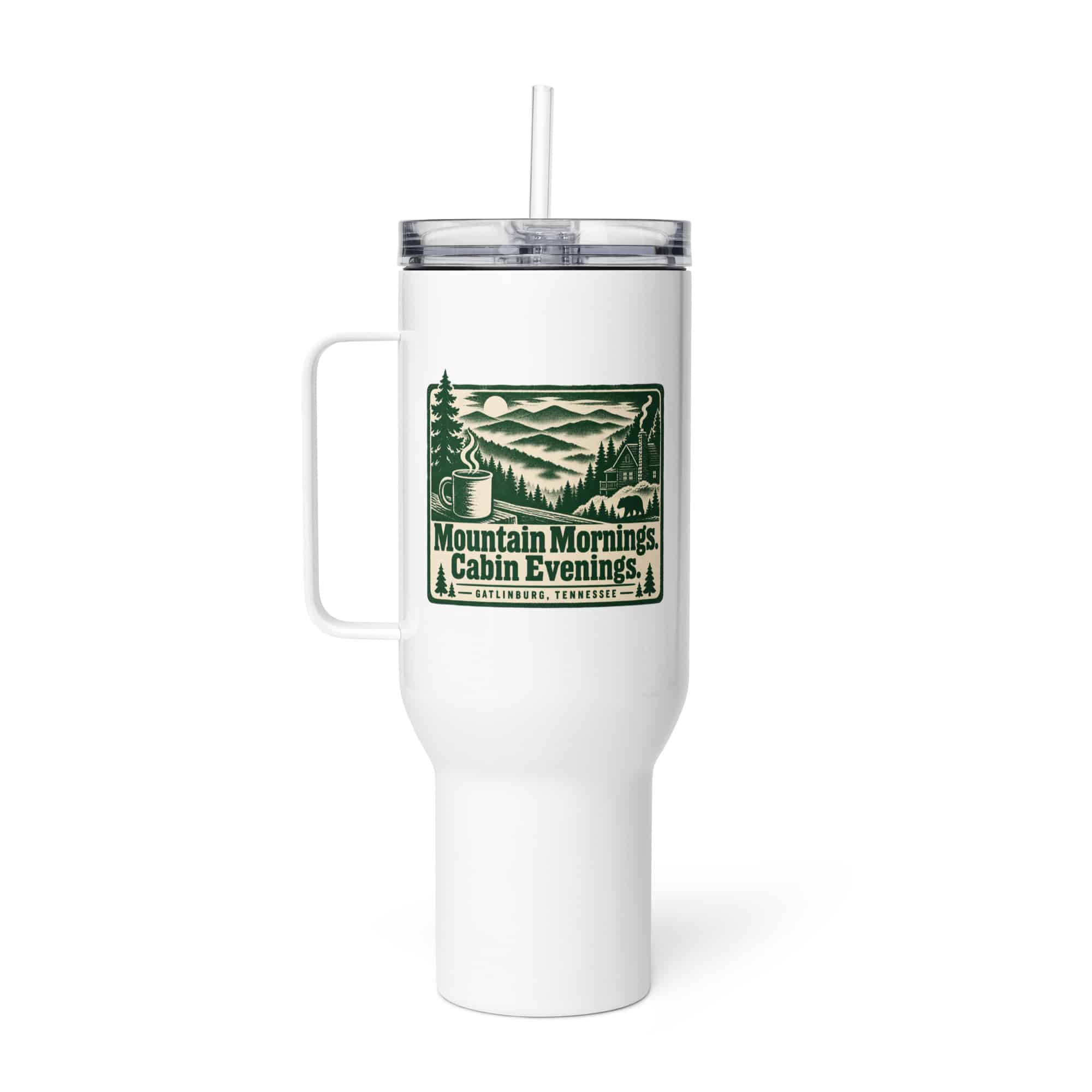 Gatlinburg and the Smokies Travel Mug: Mountain Mornings. Cabin Evenings, Forest Ink Stamp