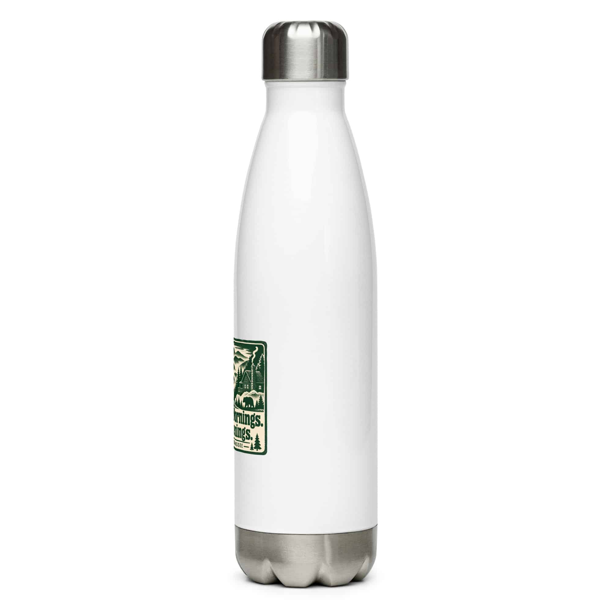 Gatlinburg and the Smokies Stainless Steel Water Bottle: Mountain Mornings. Cabin Evenings, Forest Ink Stamp
