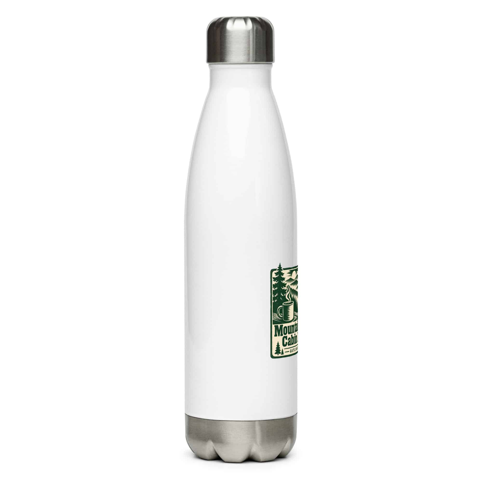 Gatlinburg and the Smokies Stainless Steel Water Bottle: Mountain Mornings. Cabin Evenings, Forest Ink Stamp