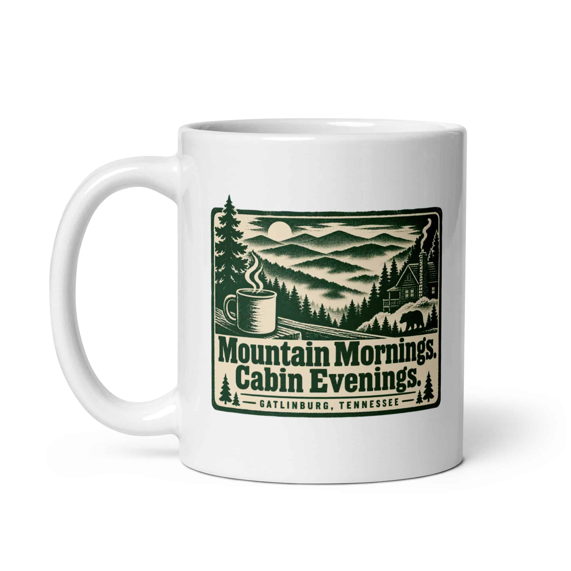 Gatlinburg and the Smokies White Ceramic Coffee Mug: Mountain Mornings. Cabin Evenings, Forest Ink Stamp