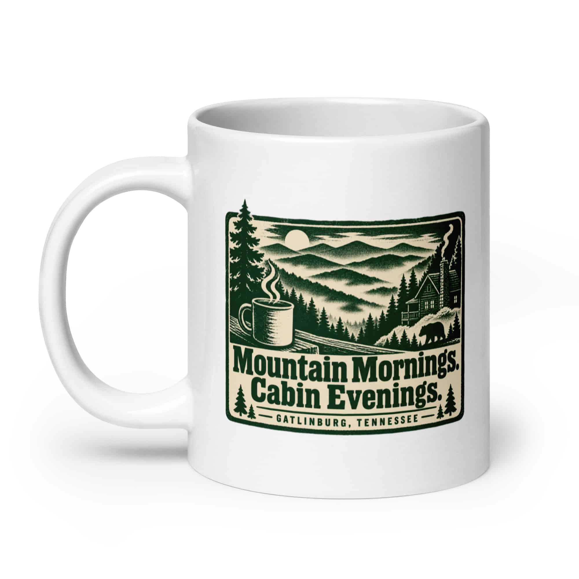 Gatlinburg and the Smokies White Ceramic Coffee Mug: Mountain Mornings. Cabin Evenings, Forest Ink Stamp