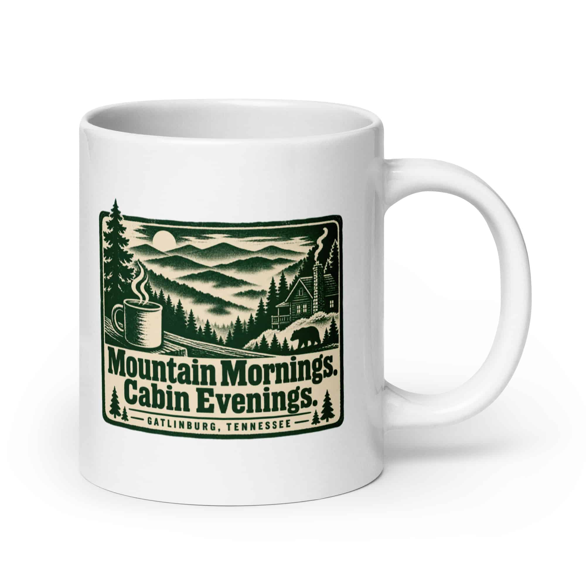 Gatlinburg and the Smokies White Ceramic Coffee Mug: Mountain Mornings. Cabin Evenings, Forest Ink Stamp