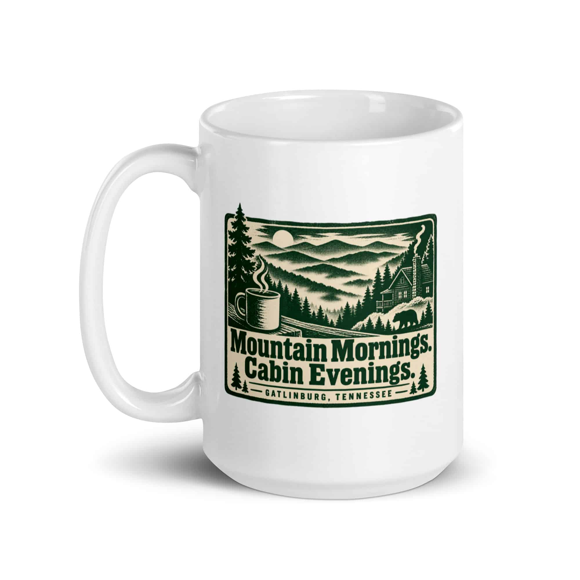 Gatlinburg and the Smokies White Ceramic Coffee Mug: Mountain Mornings. Cabin Evenings, Forest Ink Stamp