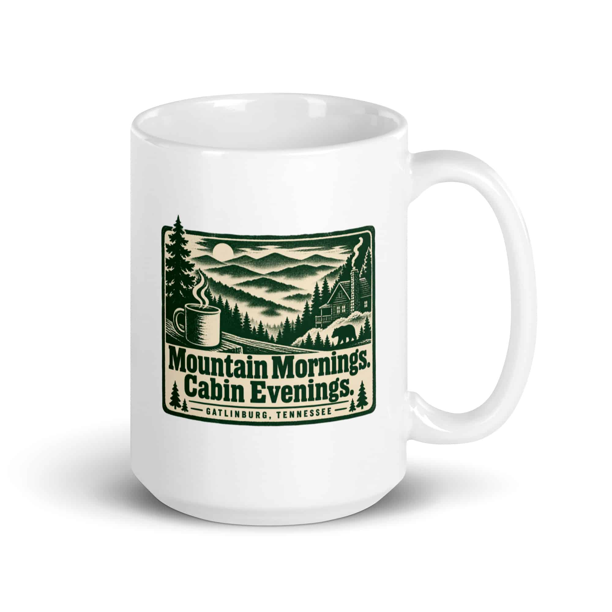 Gatlinburg and the Smokies White Ceramic Coffee Mug: Mountain Mornings. Cabin Evenings, Forest Ink Stamp