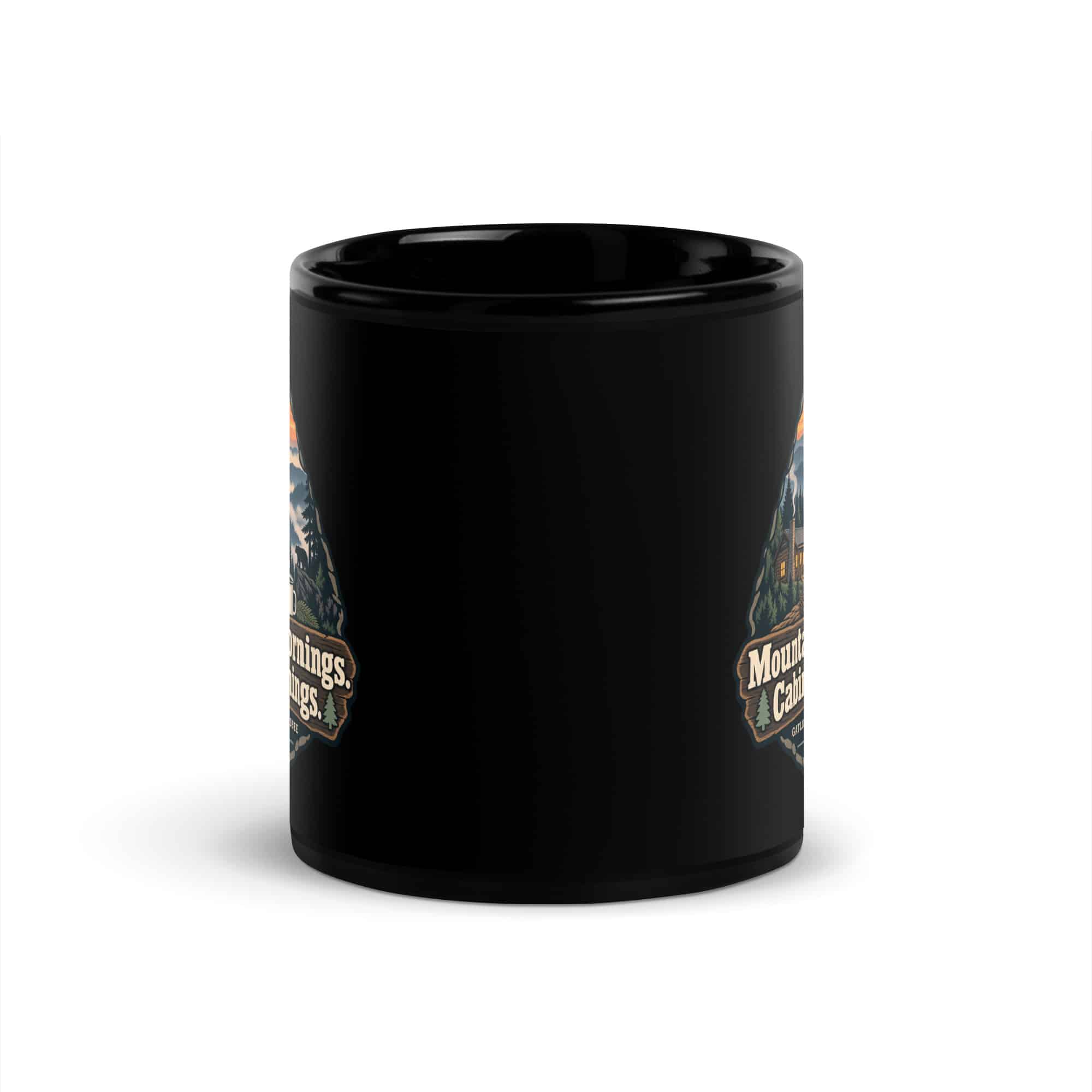 Gatlinburg and the Smokies Black Coffee Mug: Mountain Mornings. Cabin Evenings, Scenic Shield Badge