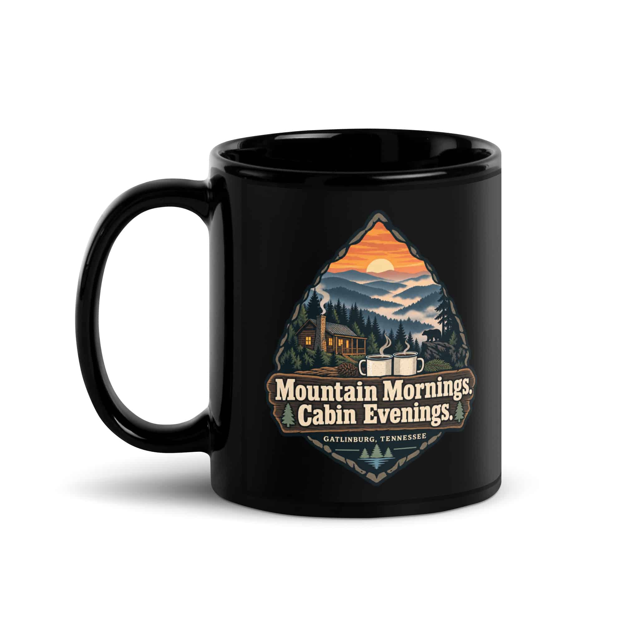 Gatlinburg and the Smokies Black Coffee Mug: Mountain Mornings. Cabin Evenings, Scenic Shield Badge