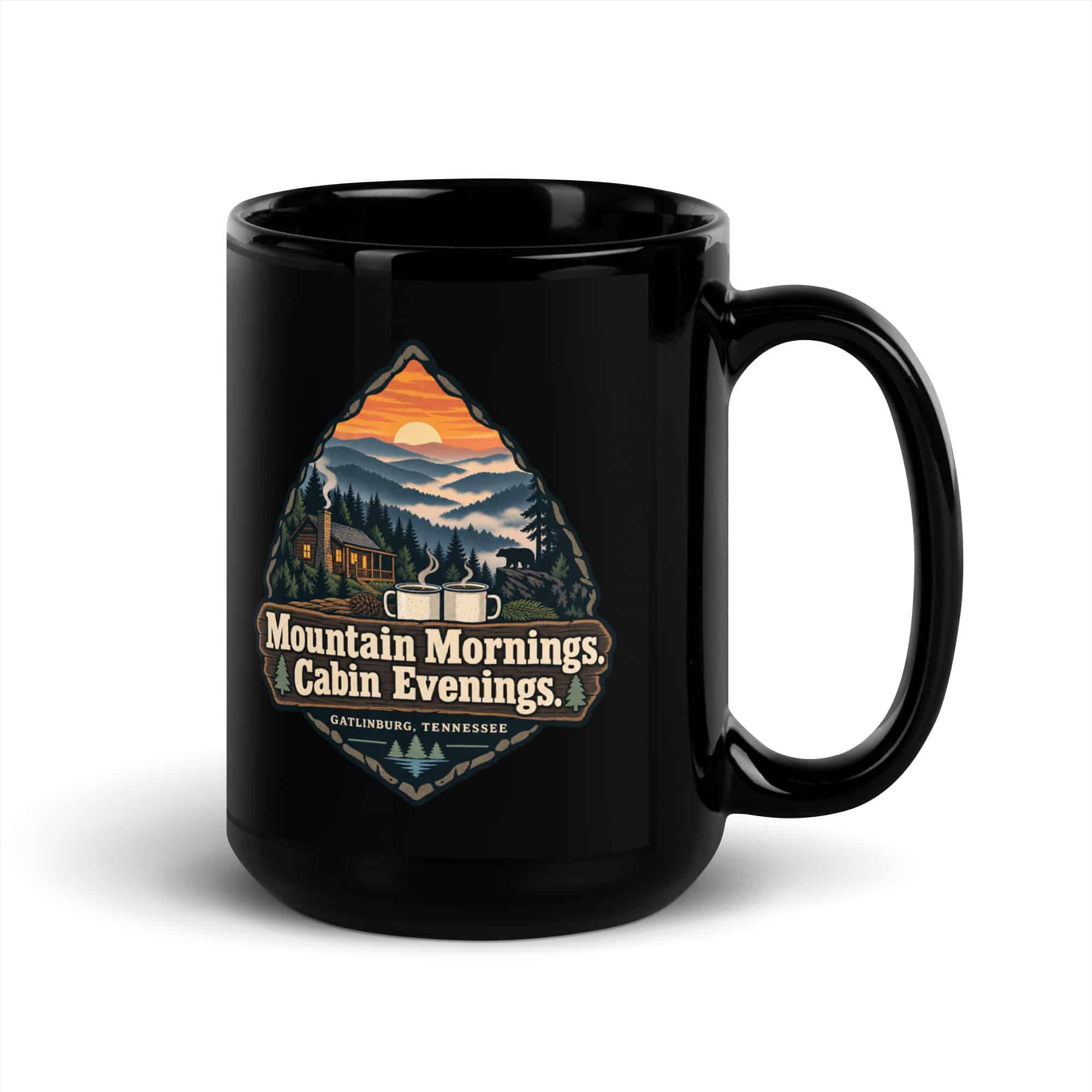 Gatlinburg and the Smokies Black Coffee Mug: Mountain Mornings. Cabin Evenings, Scenic Shield Badge