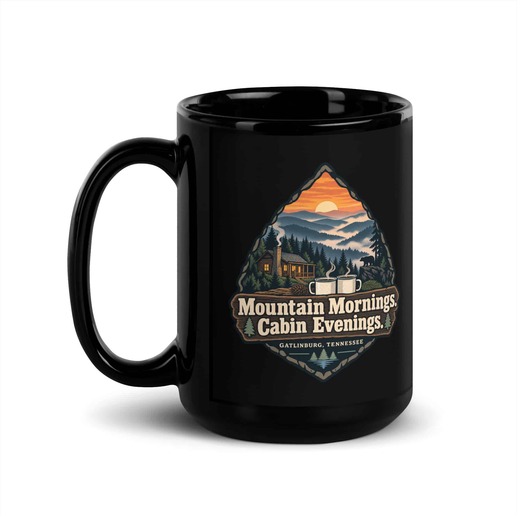 Gatlinburg and the Smokies Black Coffee Mug: Mountain Mornings. Cabin Evenings, Scenic Shield Badge