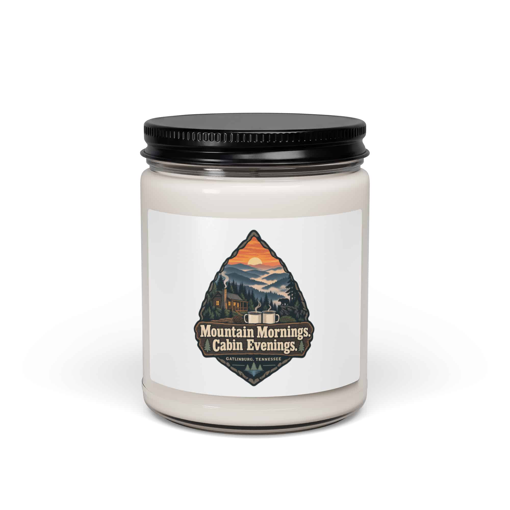 Gatlinburg and the Smokies Soy Wax Candle: Mountain Mornings. Cabin Evenings, Scenic Shield Badge