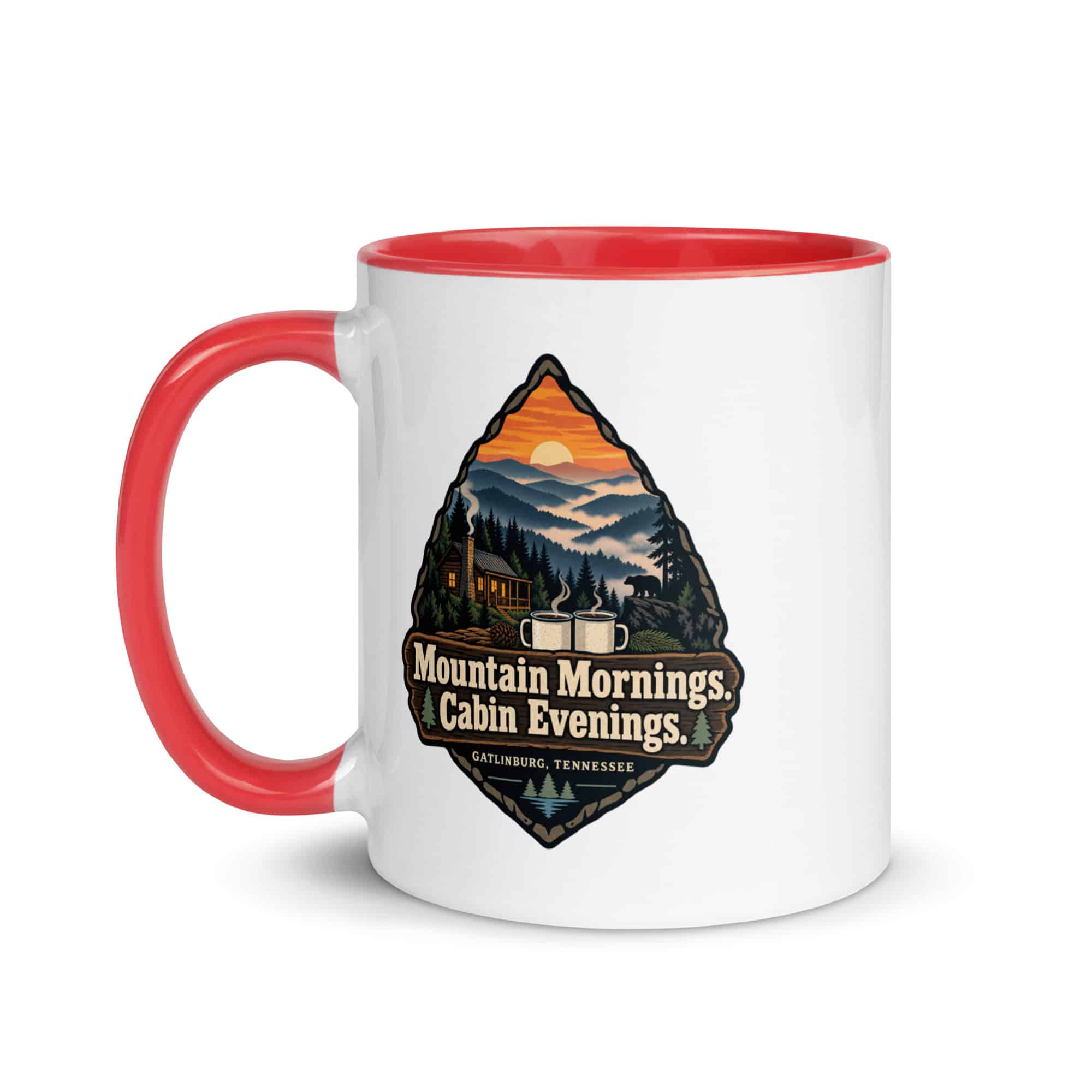 Gatlinburg and the Smokies Color Inside Coffee Mug: Mountain Mornings. Cabin Evenings, Scenic Shield Badge