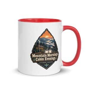 Gatlinburg and the Smokies Color Inside Coffee Mug: Mountain Mornings. Cabin Evenings, Scenic Shield Badge - 11 oz - Main