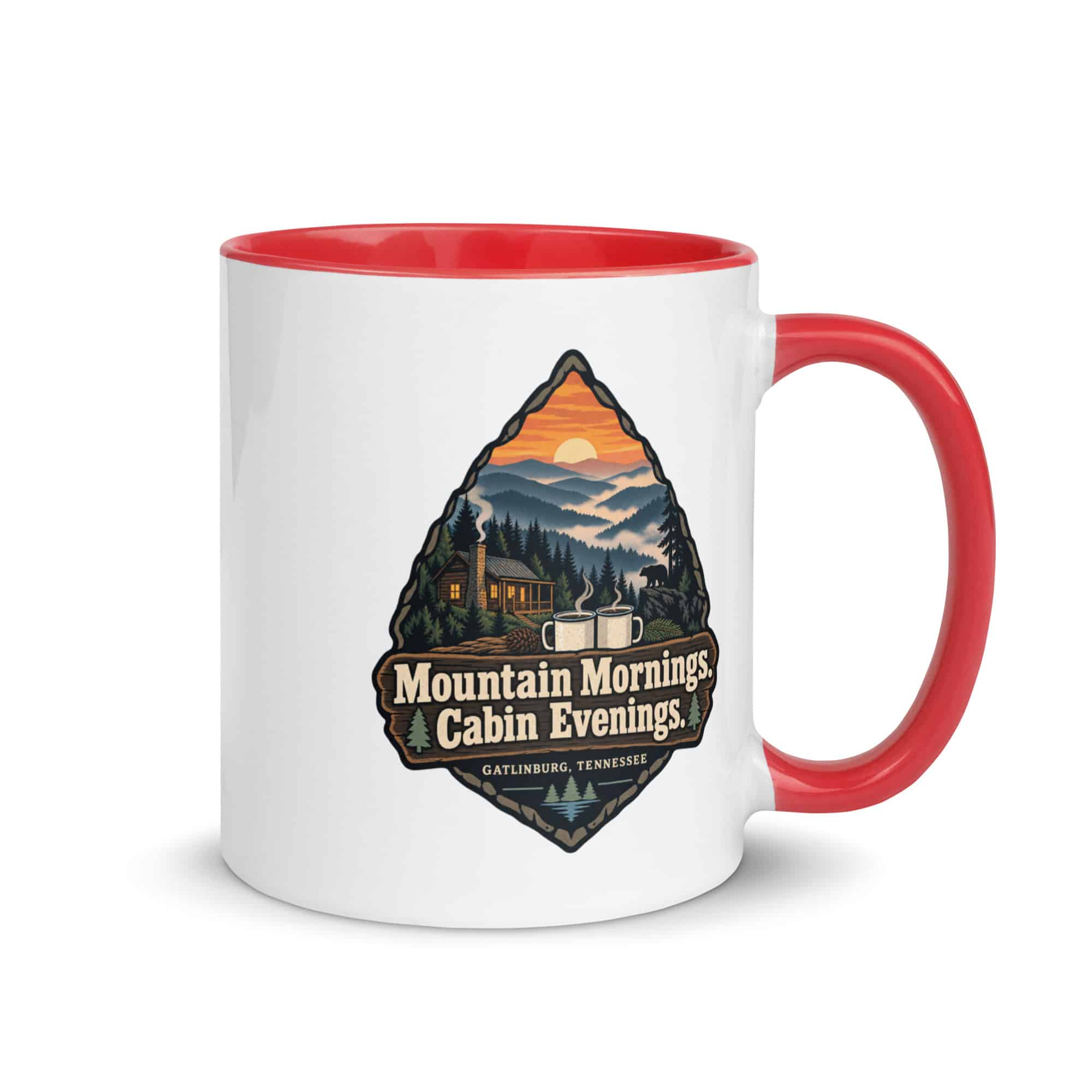 Gatlinburg and the Smokies Color Inside Coffee Mug: Mountain Mornings. Cabin Evenings, Scenic Shield Badge