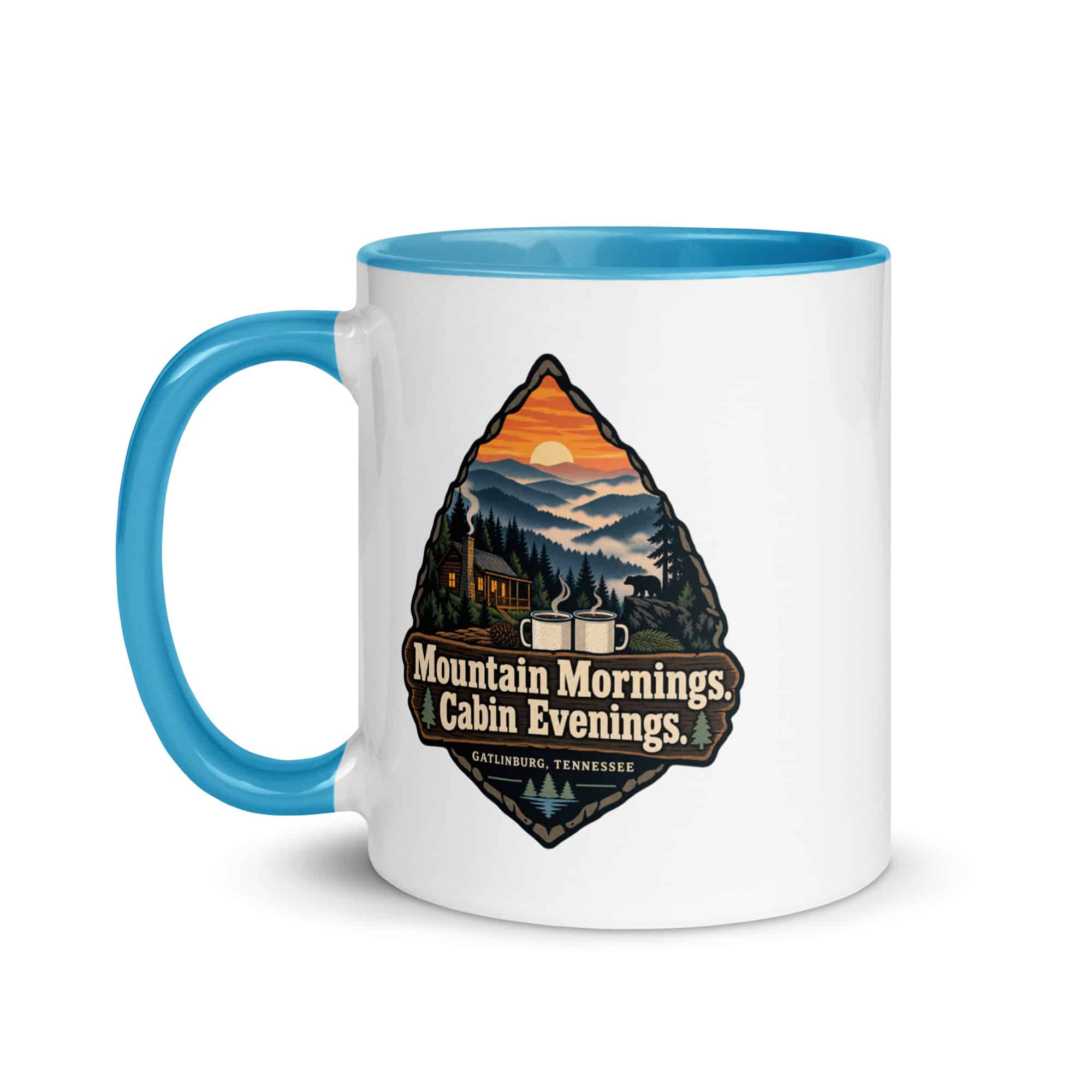Gatlinburg and the Smokies Color Inside Coffee Mug: Mountain Mornings. Cabin Evenings, Scenic Shield Badge