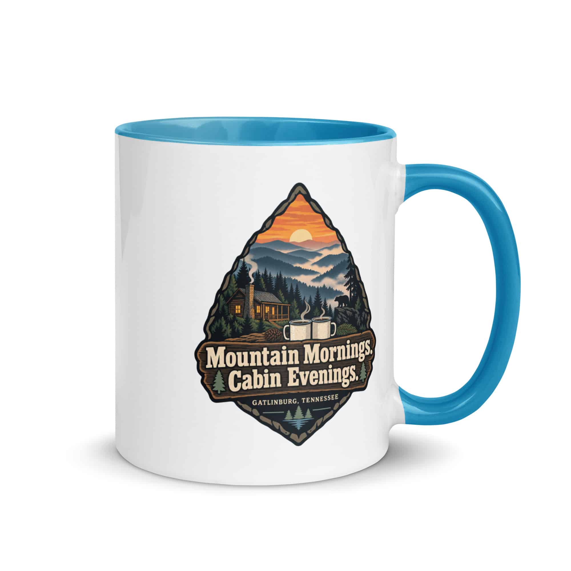 Gatlinburg and the Smokies Color Inside Coffee Mug: Mountain Mornings. Cabin Evenings, Scenic Shield Badge