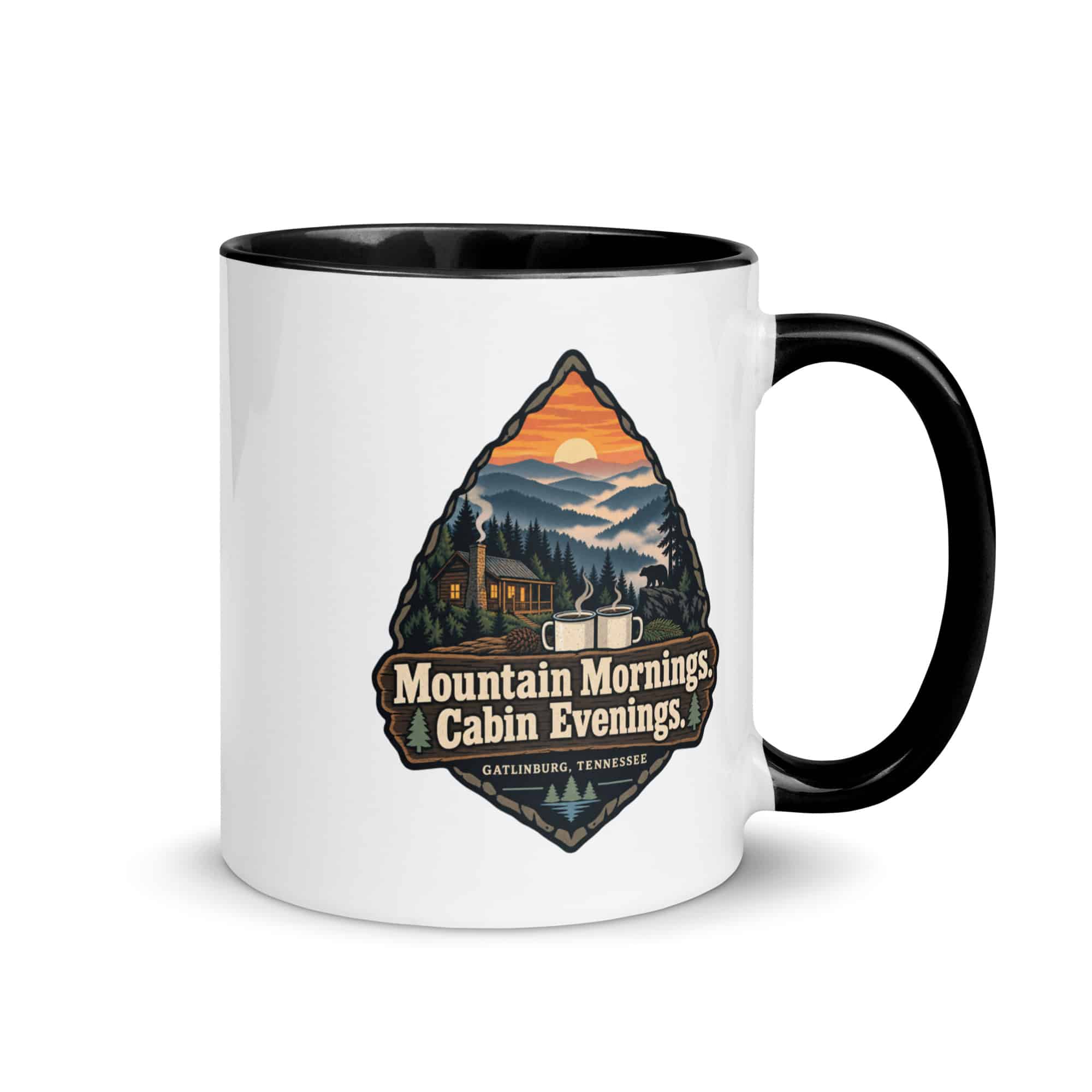 Gatlinburg and the Smokies Color Inside Coffee Mug: Mountain Mornings. Cabin Evenings, Scenic Shield Badge