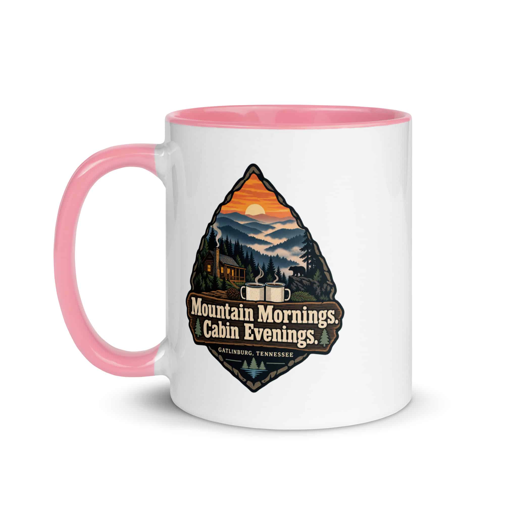 Gatlinburg and the Smokies Color Inside Coffee Mug: Mountain Mornings. Cabin Evenings, Scenic Shield Badge
