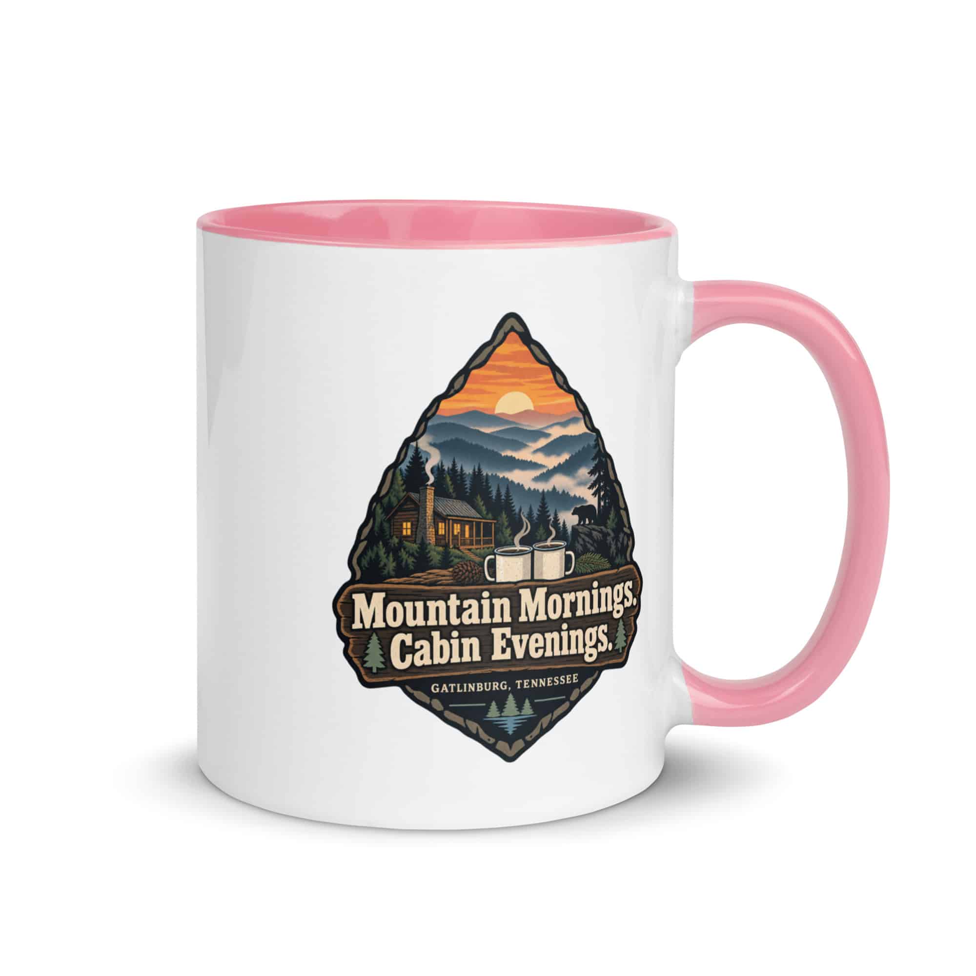 Gatlinburg and the Smokies Color Inside Coffee Mug: Mountain Mornings. Cabin Evenings, Scenic Shield Badge