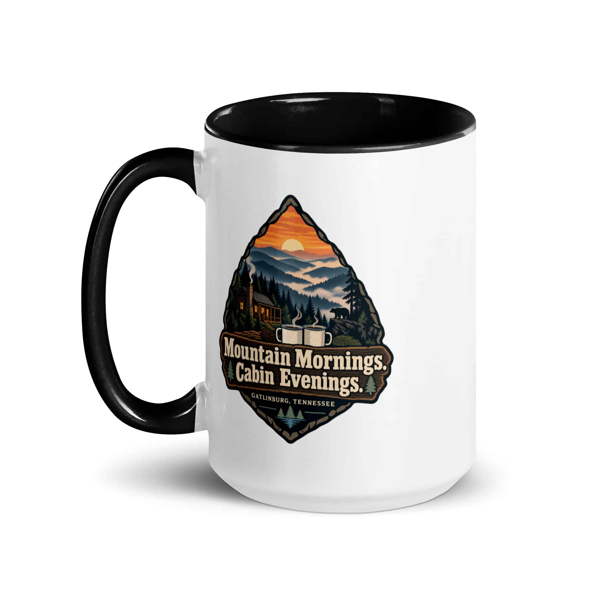 Gatlinburg and the Smokies Color Inside Coffee Mug: Mountain Mornings. Cabin Evenings, Scenic Shield Badge