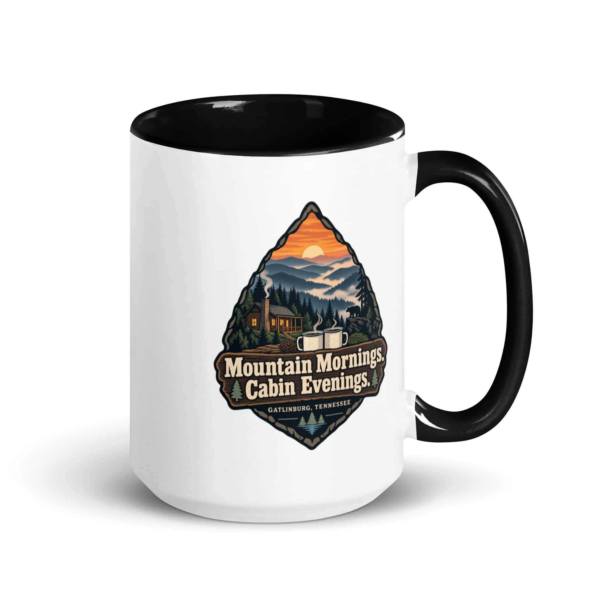 Gatlinburg and the Smokies Color Inside Coffee Mug: Mountain Mornings. Cabin Evenings, Scenic Shield Badge