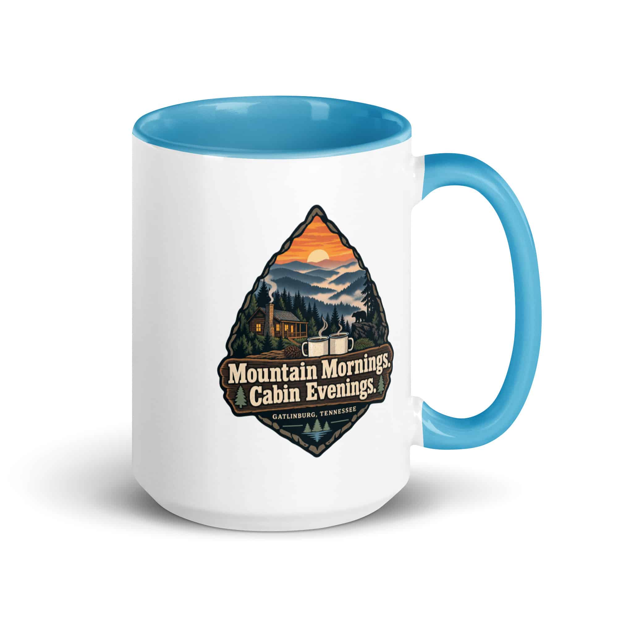Gatlinburg and the Smokies Color Inside Coffee Mug: Mountain Mornings. Cabin Evenings, Scenic Shield Badge