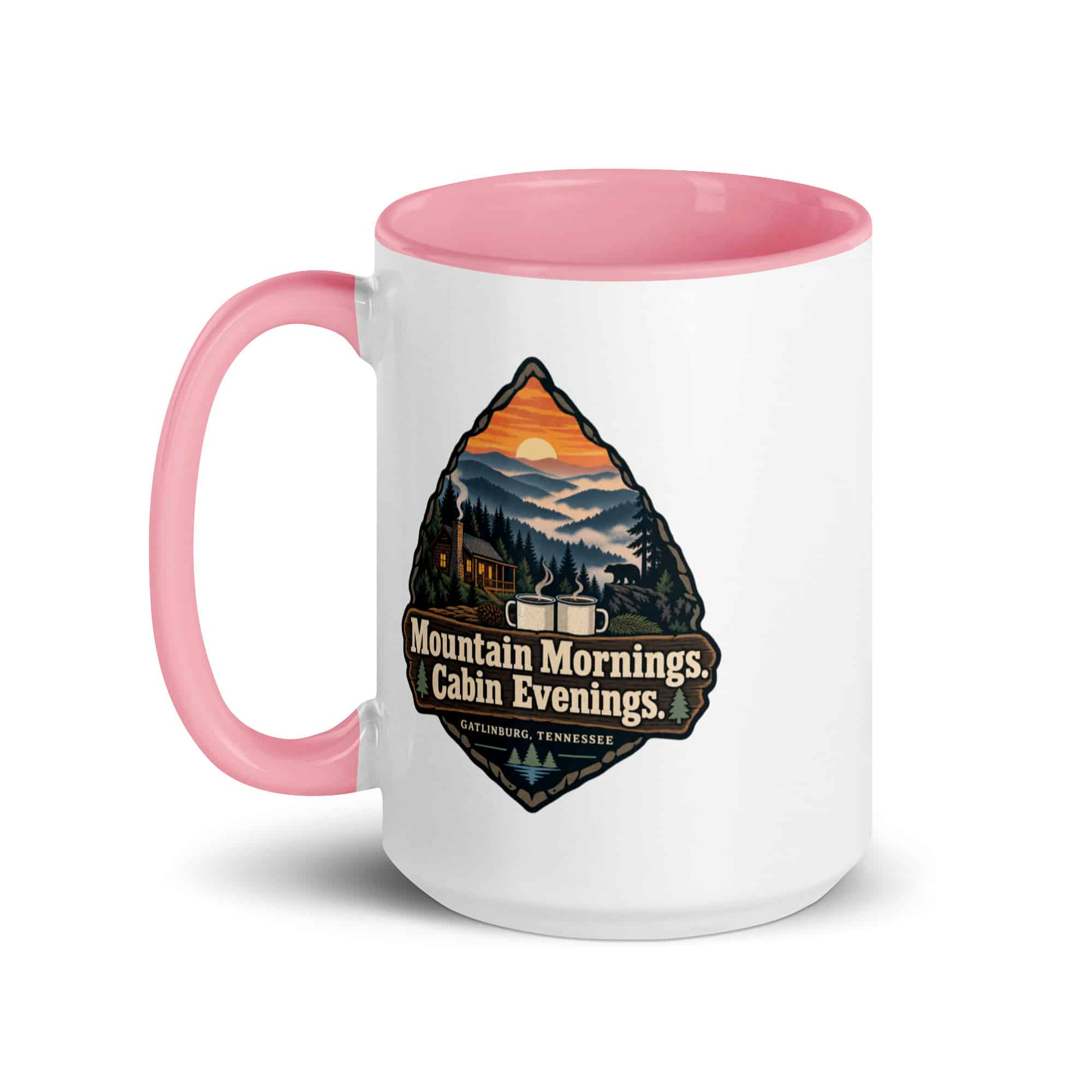 Gatlinburg and the Smokies Color Inside Coffee Mug: Mountain Mornings. Cabin Evenings, Scenic Shield Badge