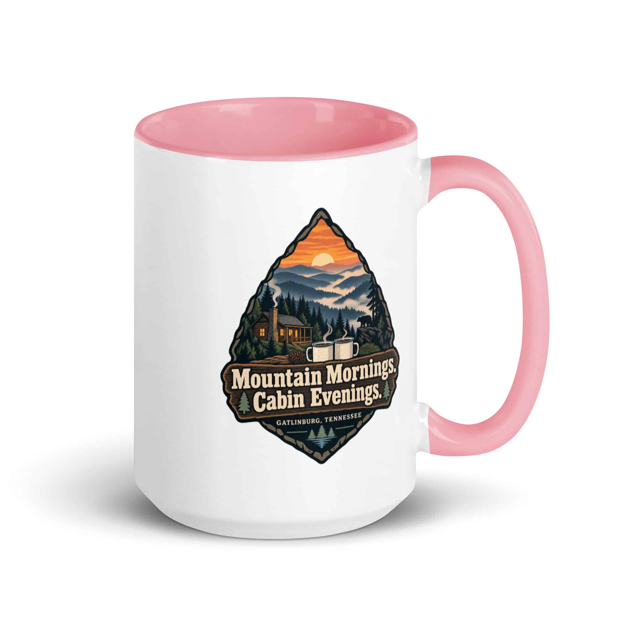Gatlinburg and the Smokies Color Inside Coffee Mug: Mountain Mornings. Cabin Evenings, Scenic Shield Badge