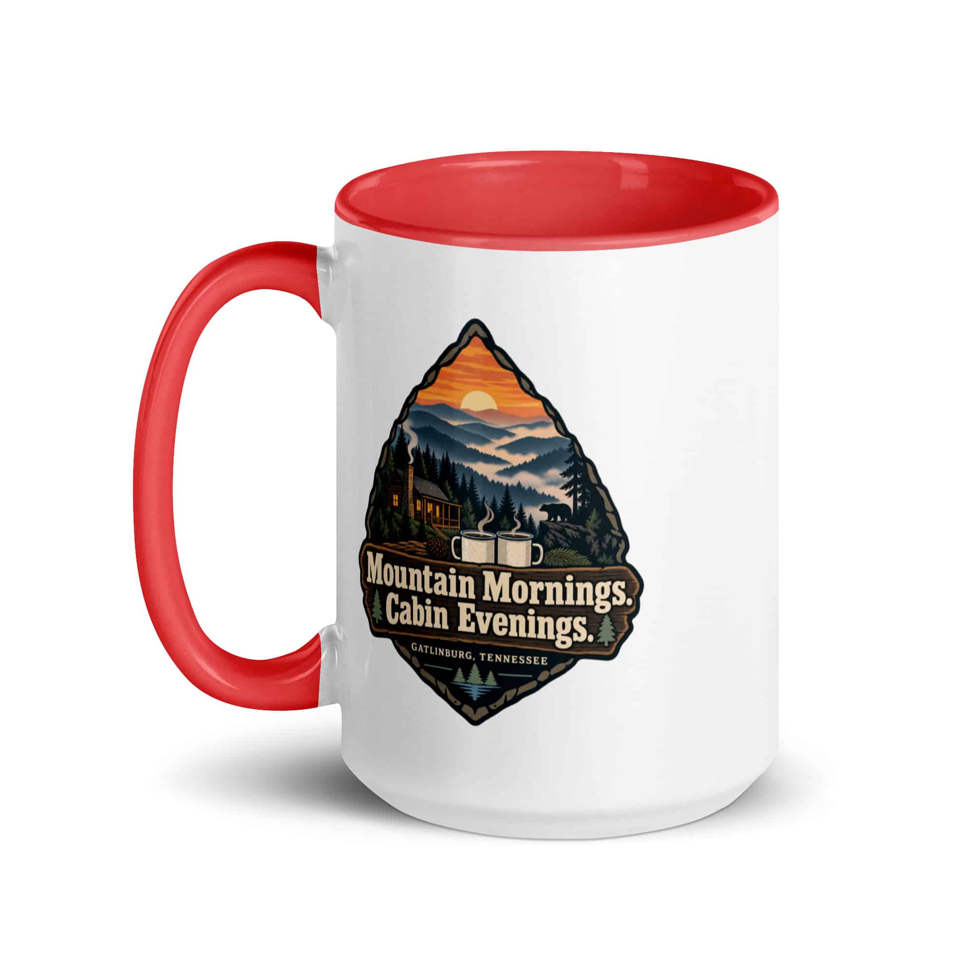 Gatlinburg and the Smokies Color Inside Coffee Mug: Mountain Mornings. Cabin Evenings, Scenic Shield Badge