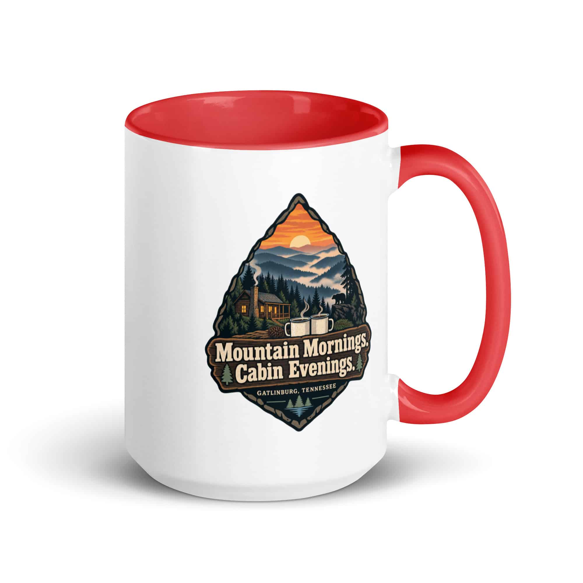 Gatlinburg and the Smokies Color Inside Coffee Mug: Mountain Mornings. Cabin Evenings, Scenic Shield Badge