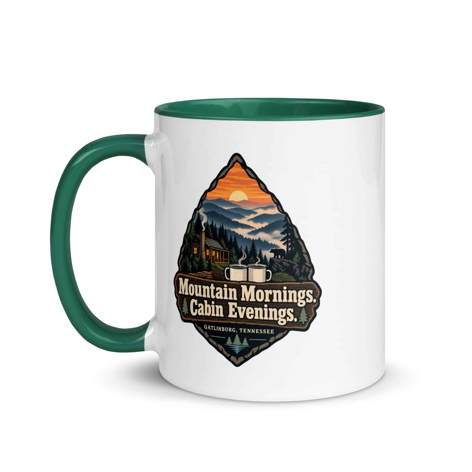 Gatlinburg and the Smokies Color Inside Coffee Mug: Mountain Mornings. Cabin Evenings, Scenic Shield Badge