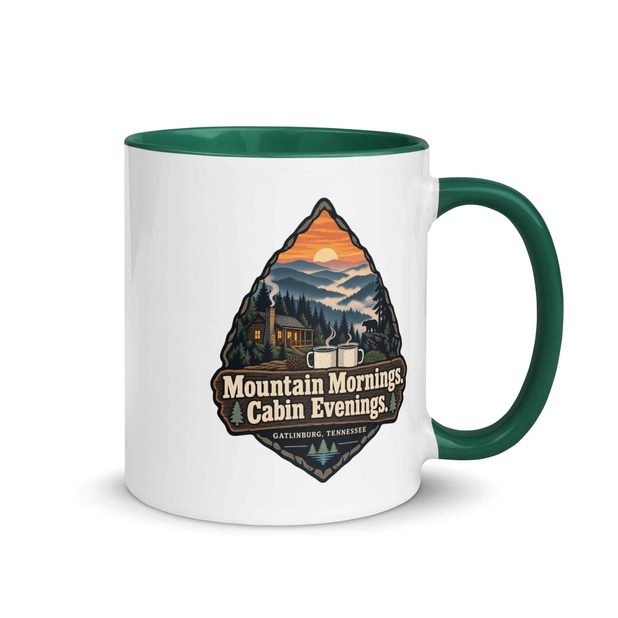 Gatlinburg and the Smokies Color Inside Coffee Mug: Mountain Mornings. Cabin Evenings, Scenic Shield Badge