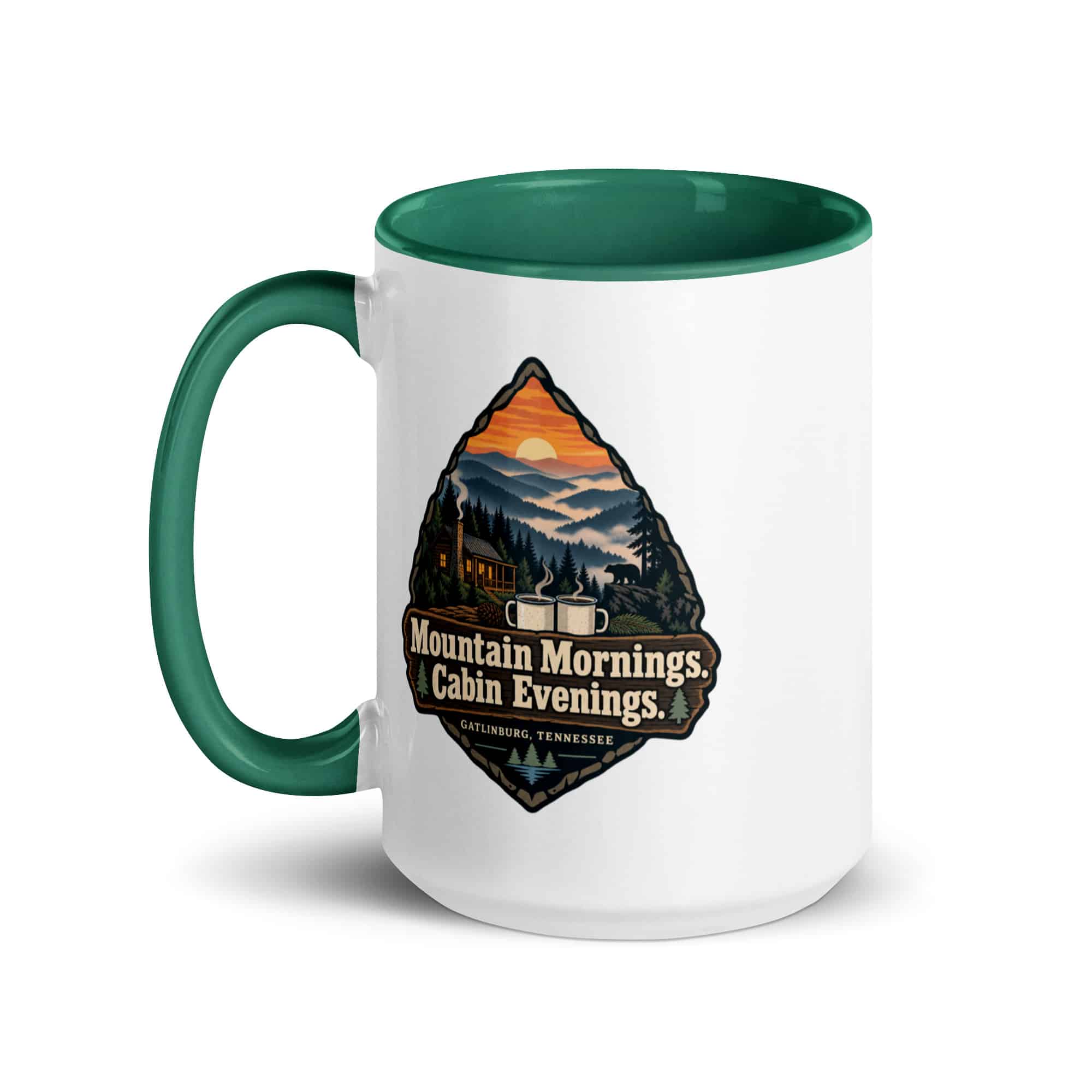 Gatlinburg and the Smokies Color Inside Coffee Mug: Mountain Mornings. Cabin Evenings, Scenic Shield Badge